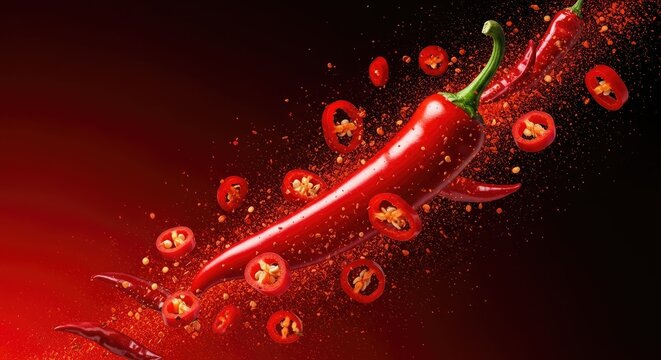 Fiery red chili peppers exploding in a vibrant dynamic and abstract artistic display