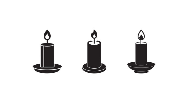 Three black candles with flames on holders  simple icons  isolated on white background