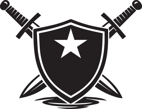 A black and white vector illustration of a heraldic shield with a star and crossed swords emblem Vector, illustration