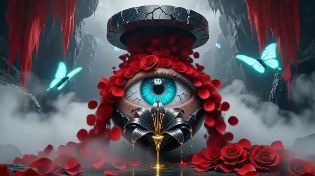 A lot of red roses are falling from a cracked graphite ring onto the human eye