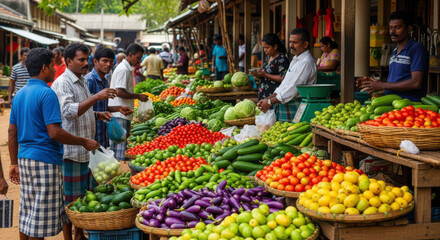 Obraz premium Busy Outdoor Vegetable Market in Rural Sri Lanka