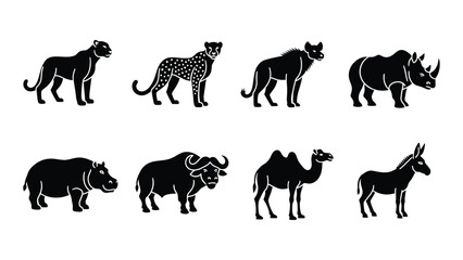 A collection of eight african animal silhouettes including a lion rhino camel and buffalo silhouette high quality professional detailed modern elegant © SILHUETTECHEMBER