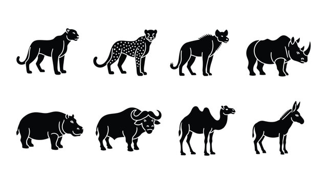 A collection of eight african animal silhouettes including a lion rhino camel and buffalo silhouette high quality professional detailed modern elegant