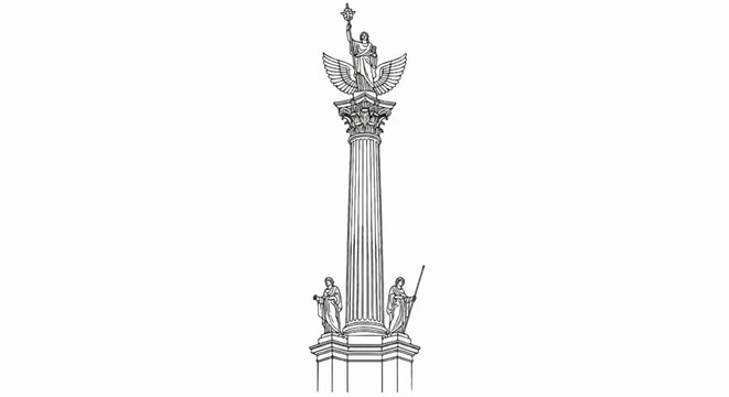 Winged angel atop Corinthian column with figures at base