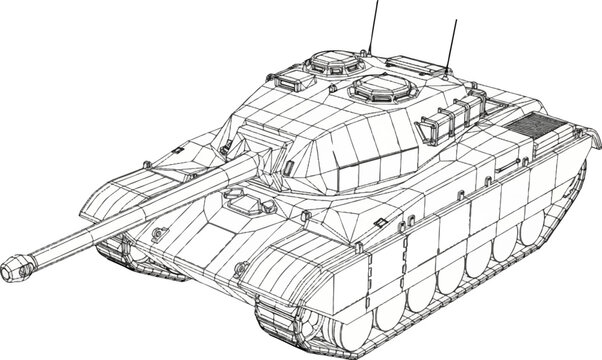 Wireframe blueprint of a powerful military tank with detailed tracks and turret