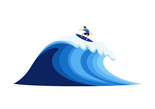 Surfer riding a massive blue wave with white foam on a white background