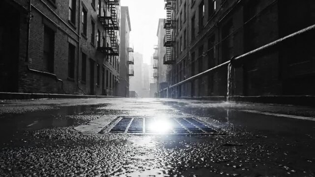 Rainy city alleyway with a drain and reflecting puddles creating a moody and dramatic scene with light