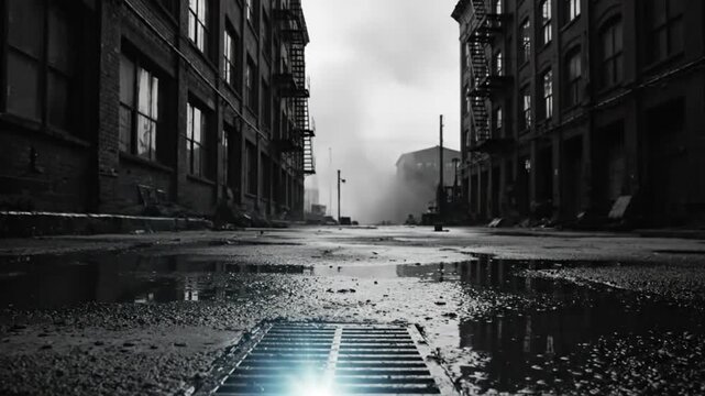 Low Angle View of a Grate in a Flooded Street with Buildings in a Black and White Cinematic Cityscape