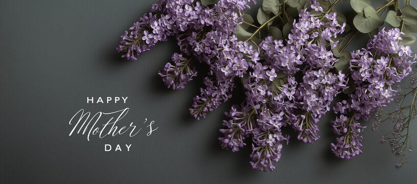  serene and elegant green background for mother's day, featuring soft purple flowers with the text happy mother's day in a delicate script font on a dark grey backdrop. the composition is centered aro