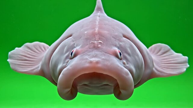 Close-up front view of a pink blobfish with a distinctive appearance against a vibrant green background, showcasing its unique facial features.
