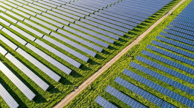 Expansive solar farm showcasing rows of photovoltaic panels converting sunlight into clean energy on a bright, sunny day, promoting renewable power generation