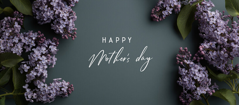  serene and elegant green background for mother's day, featuring soft purple flowers with the text happy mother's day in a delicate script font on a dark grey backdrop. the composition is centered aro