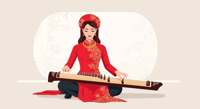 Vietnamese woman in traditional red ao dai playing dan tranh instrument