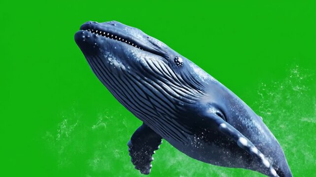 A majestic blue whale swimming gracefully in the water against a vibrant green background.