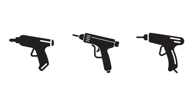 Three black drill gun silhouettes on white background for construction and DIY projects  power tools  drilling equipment