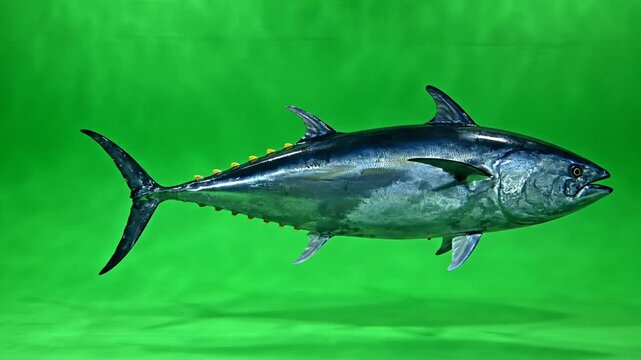 A large, sleek tuna fish with metallic scales swimming against a vibrant green background.