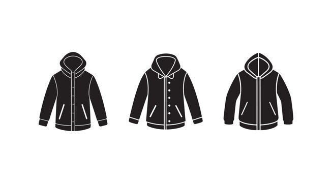 Three black hooded sweatshirts with white outlines side by side on white background  front views  closed zippers