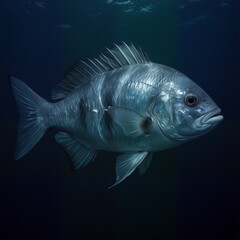 Naklejka premium silver snapper swimming in deep blue ocean waters, marine life portrait.