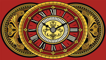 Obraz premium Clock design featuring Roman numerals and decorative patterns on a red background