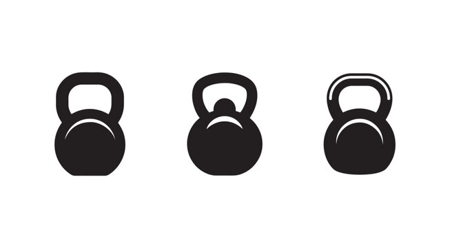 Three black kettlebell silhouettes in different positions for fitness and workout concepts  exercise equipment icons