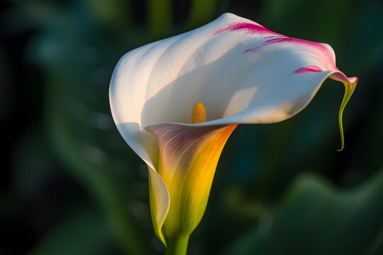 Stunning calla lily bloom featuring white petals vibrant pink highlights and a bright yellow spadix
