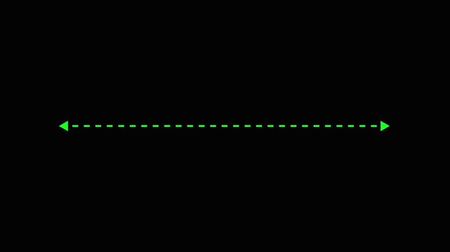 A vibrant green dotted line extends horizontally across a black background, gradually expanding from a small point to a full-length measurement, with animated arrowheads marking its progression