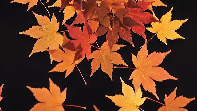 Bright orange maple leaves falling against a dark background