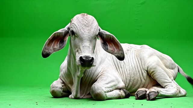 A young white Brahman calf lies calmly on a green screen background, looking directly at the camera.