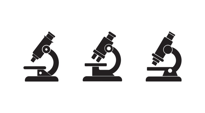 Three black microscope icons in different positions for biology science research and education purposes  laboratory equipment