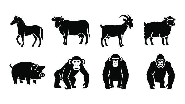 A collection of farm animals and primates are depicted in stark black shapes against a white background silhouette high quality professional