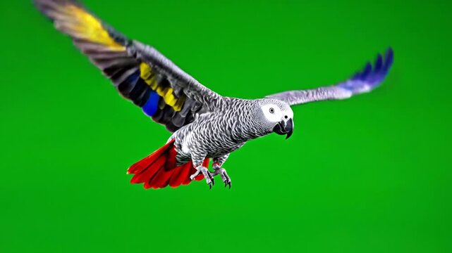 Majestic African Grey Parrot in flight, showcasing its colorful feathers against a vibrant green screen background.