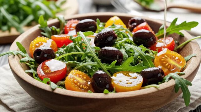 Colorful Tomato And Olive Arugula Salad Drizzled Oil, Cherry Tomatoes And Black Olives In Wooden Bowl, Fresh Herbs And Rustic Table Setting, Mediterranean Vibe And Bright Natural Light.
