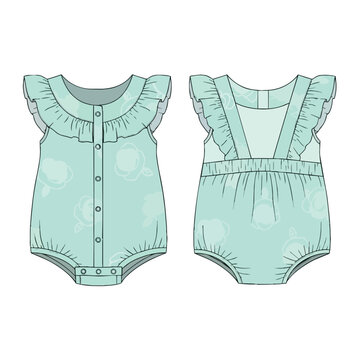 Baby Girl Romper Technical Fashion Sketch with Ruffles and Floral Print