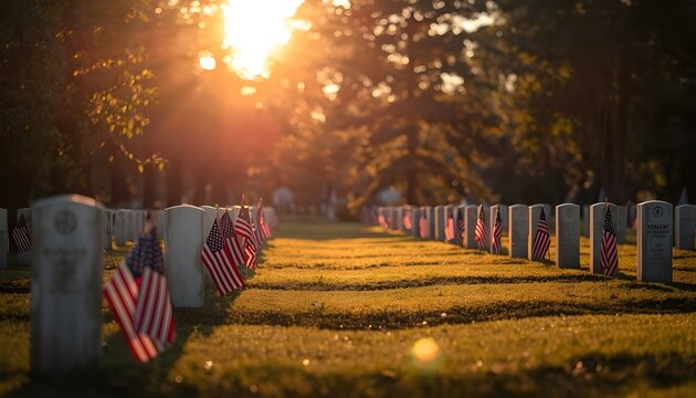 A serene military cemetery with American flags placed on graves at sunset