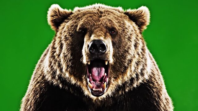 A powerful brown bear with its mouth wide open, roaring aggressively against a vibrant green background, showcasing its sharp teeth and formidable presence.