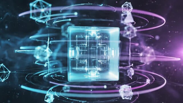Futuristic glowing blue cube core surrounded by rotating geometric polyhedral structures and light rings in a dark digital space