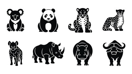 A collection of diverse animal figures including koalas pandas leopards and rhinos rendered in a striking silhouette high quality professional detailed © SILHUETTECHEMBER