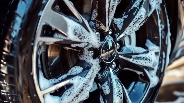 Close-up of cleaning a car wheel rim with a brush and foam, auto detailing