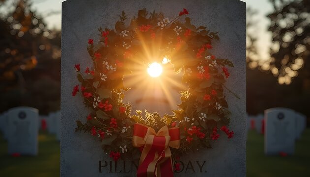 A serene and peaceful wreath adorns a headstone in a cemetery at sunset