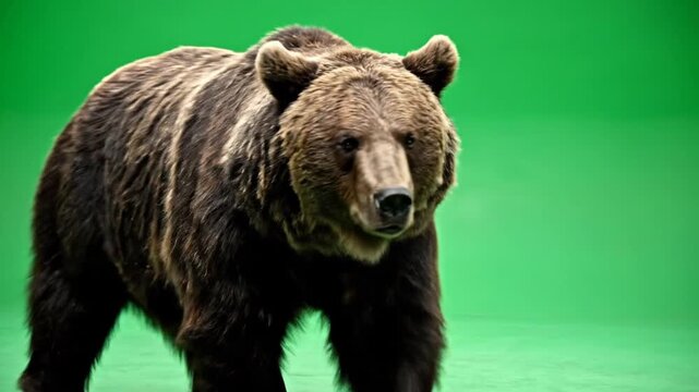 A large brown bear walking towards the viewer against a vibrant green screen background.