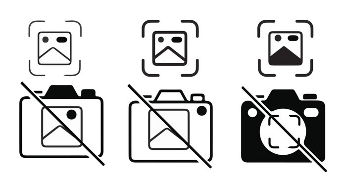 Photography Restriction and No Camera Signs - Camera Shutter and Lens Vector Icons