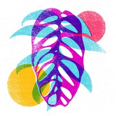 Obraz premium Colorful leafs and geometric shapes in trendy riso graph design. Geometry elements with multiesxposure effect, abstract risograph print texture style.