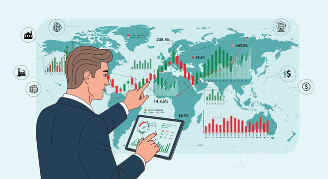 Businessman analyzing financial data on world map chart illustration