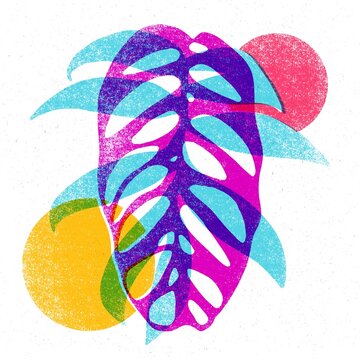 Colorful leafs and geometric shapes in trendy riso graph design. Geometry elements with multiesxposure effect, abstract risograph print texture style.
