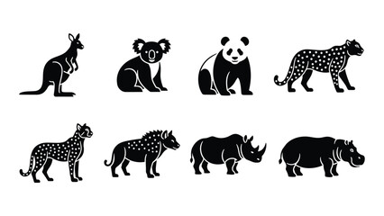 A collection of diverse animal silhouettes including a kangaroo koala panda leopard and rhinoceros silhouette high quality professional detailed modern elegant © SILHUETTECHEMBER