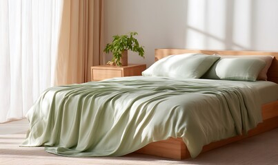 Obraz premium bamboo sheet set in soft sage green, elegantly draped over a minimalist wooden bed, smooth silky fabric, natural flowing folds, luxurious soft texture, breathable and fluid bedding