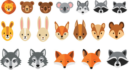 Obraz premium Cute woodland animal faces set including fox bear wolf rabbit raccoon and lion cartoon icons vector illustration collection