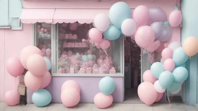 バルーンで飾られたパステルカラーのお店