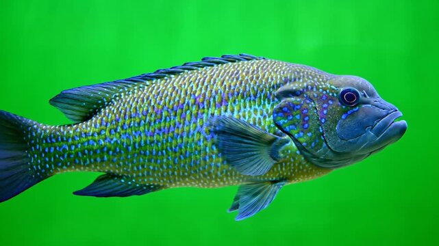 Close-up view of a vibrant blue and green fish with intricate scale patterns swimming against a bright green background.
