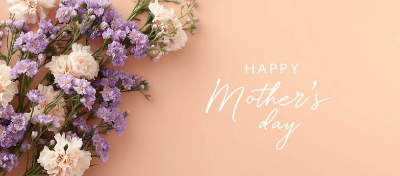  serene and elegant green background for mother's day, featuring soft purple flowers with the text happy mother's day in a delicate script font on a dark grey backdrop. the composition is centered aro